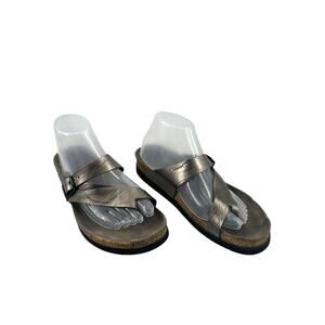 MEPHISTO HELEN WOMENS SZ 9. 5 /EU 40 PEWTER METALLIC LEATHER THONG SANDALS CORK